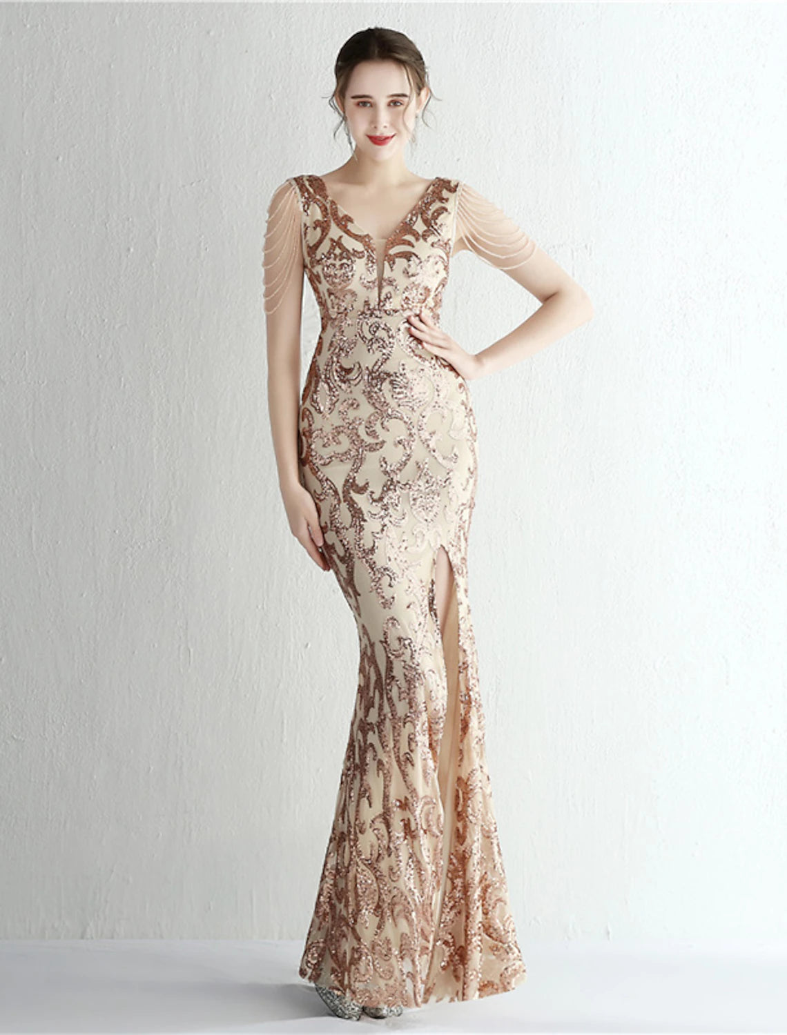 Meerjungfrau/Trompete Abendkleid Sparkle & Shine Kleid Formelle bodenlange Kurzarm V-Ausschnitt Pailletten mit Paillettenschlitz